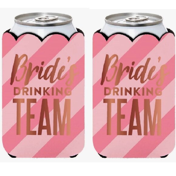 Set of 2 Pink Bride's Drinking Team Can Koozies Coolies w Glitter Bling Wedding - Picture 1 of 1